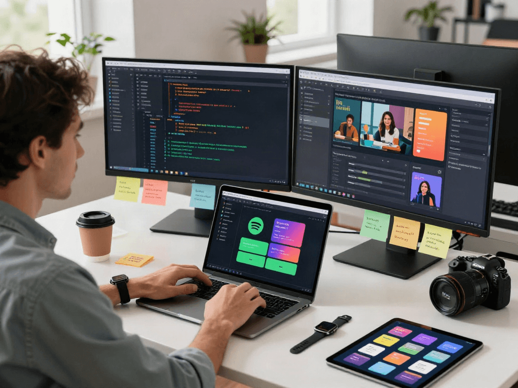 Innovative developer crafting a spotify mod app in a modern workspace