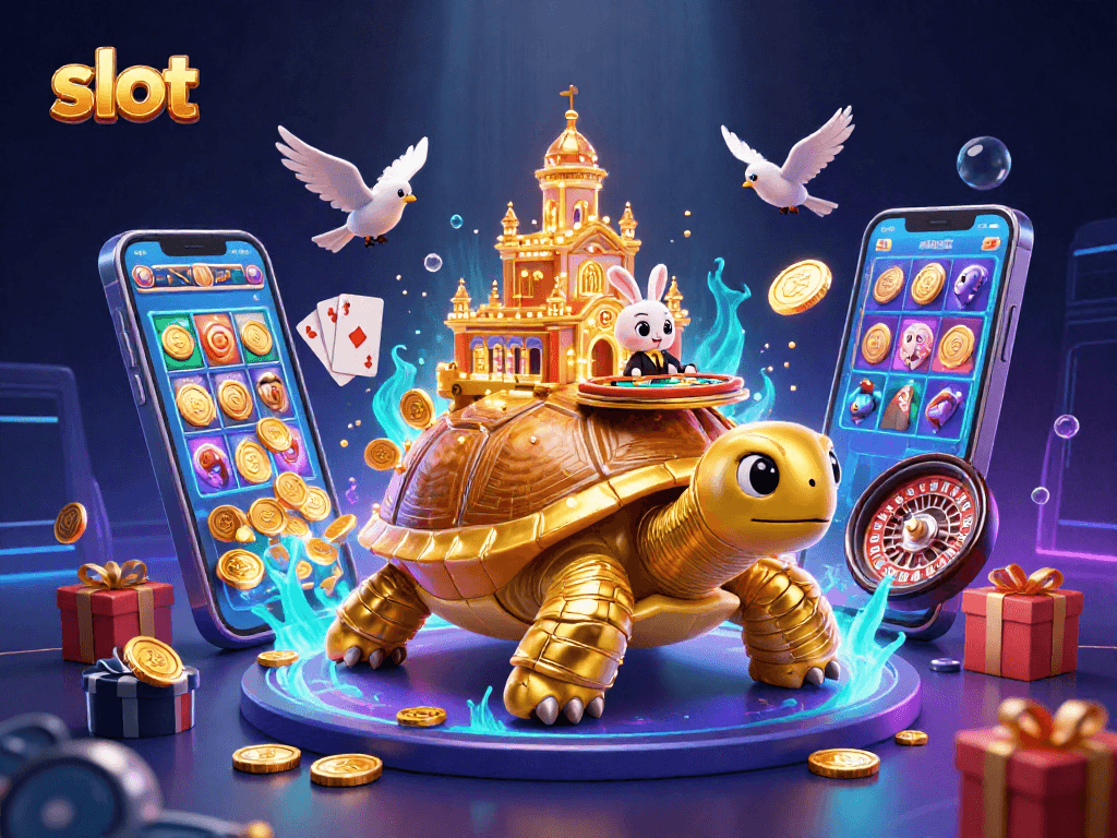 Slot online aktif dengan simbol jackpot dan dealer kelinci di atas kura-kura emas