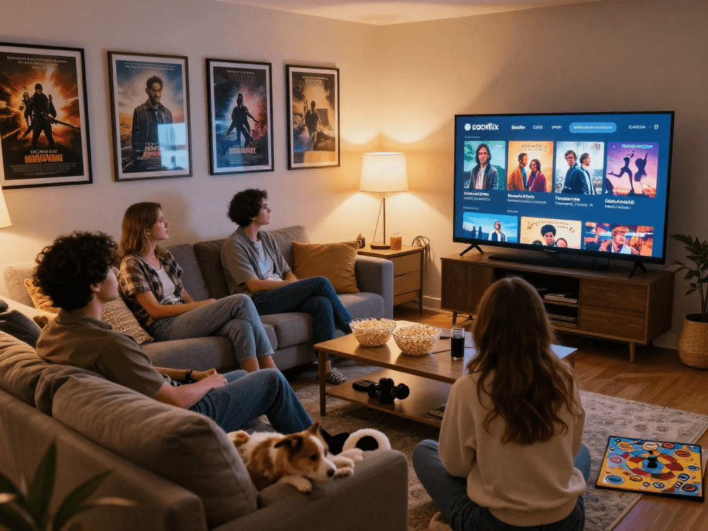 Friends enjoying a movie night, cocoflix streaming on a big screen, cozy living room.