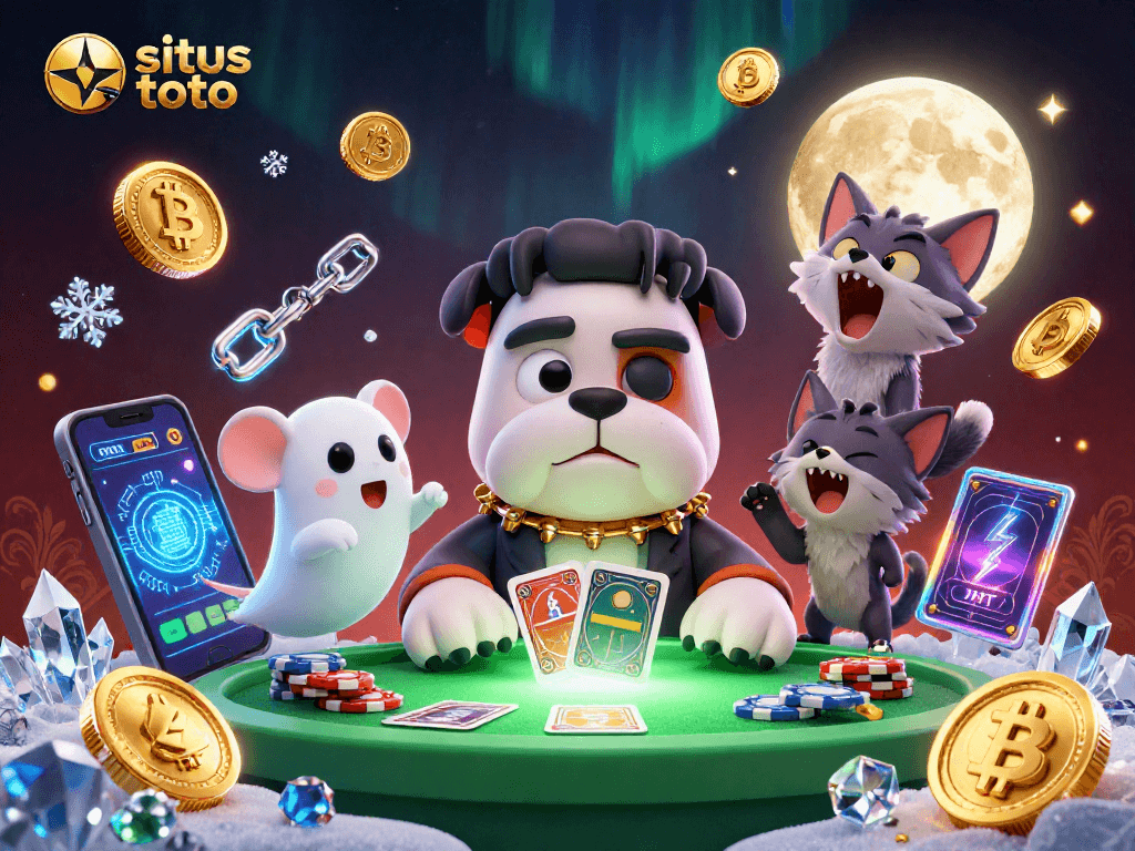 Gali kemenangan di situs toto dengan karakter lucu dan elemen kasino di latar belakang berwarna-warni.