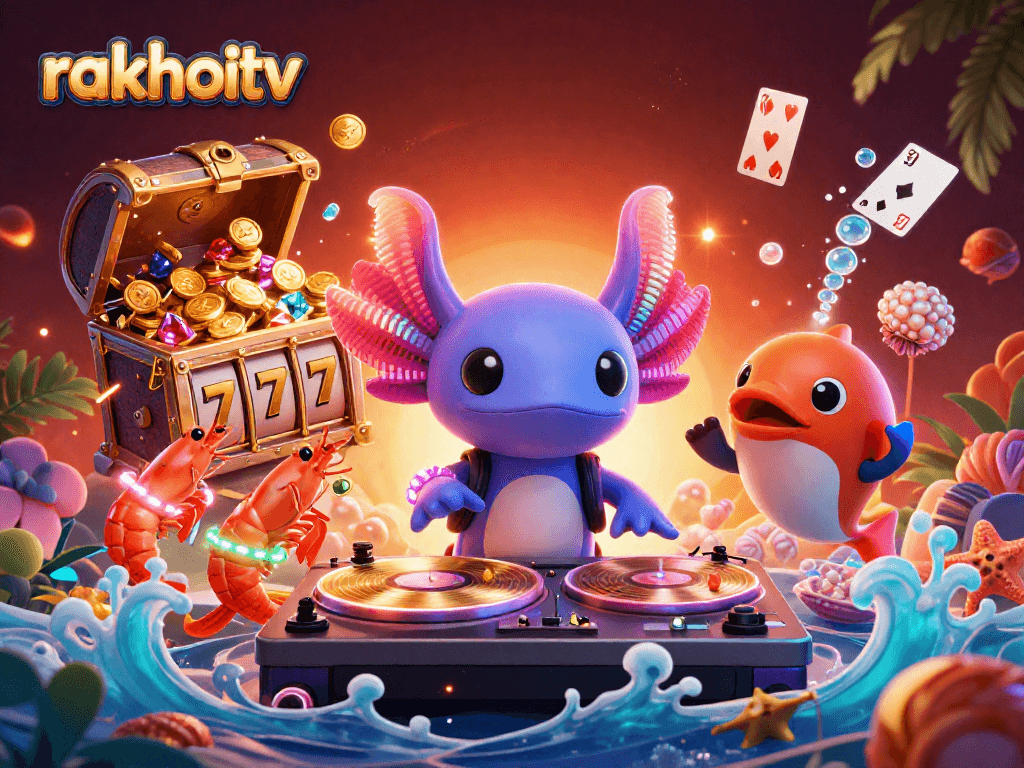 Experience the excitement of online gaming with rakhoitv's vibrant casino scene featuring an animated DJ.