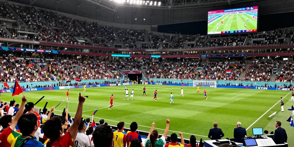 เดิมพันบอลโลกรอบชิง ในสนามฟุตบอลที่เต็มไปด้วยแฟนบอล cheering สำหรับฟุตบอลโลก 2026