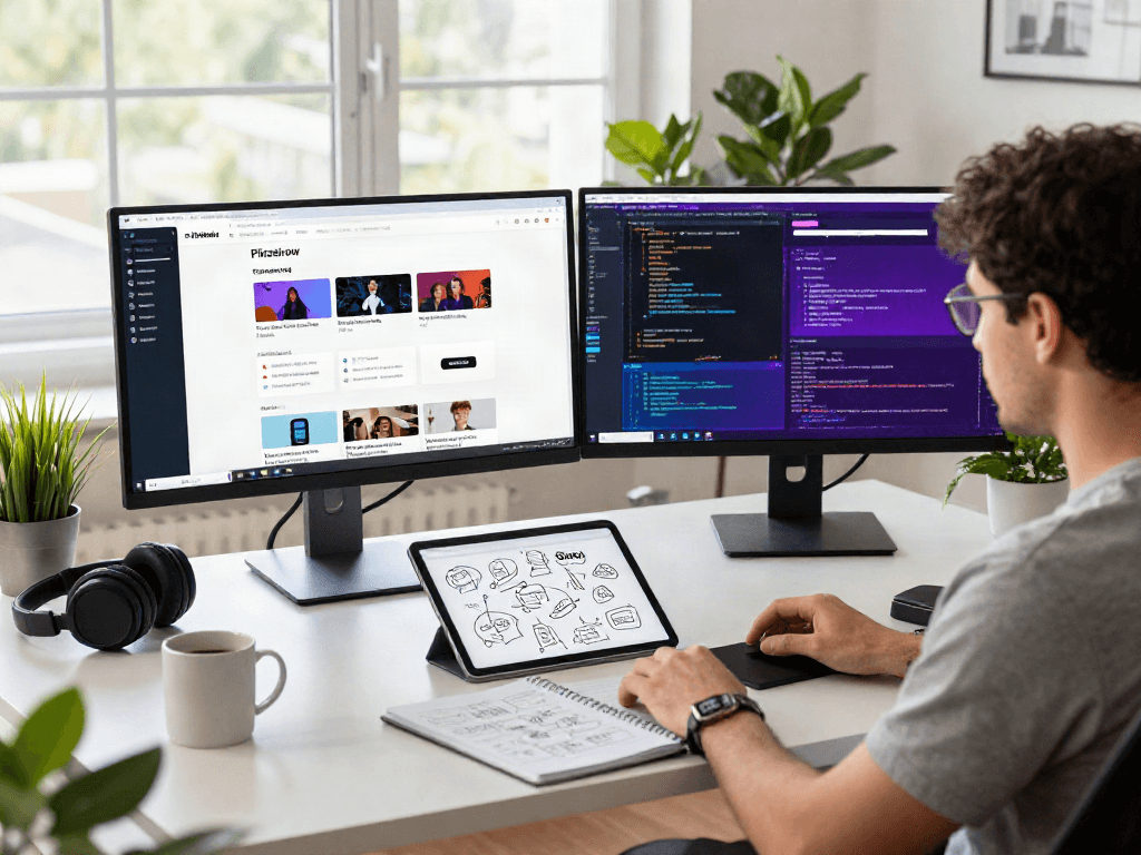 Pikashow digital workspace featuring a user engaged in streaming app development with vibrant visuals on dual monitors.