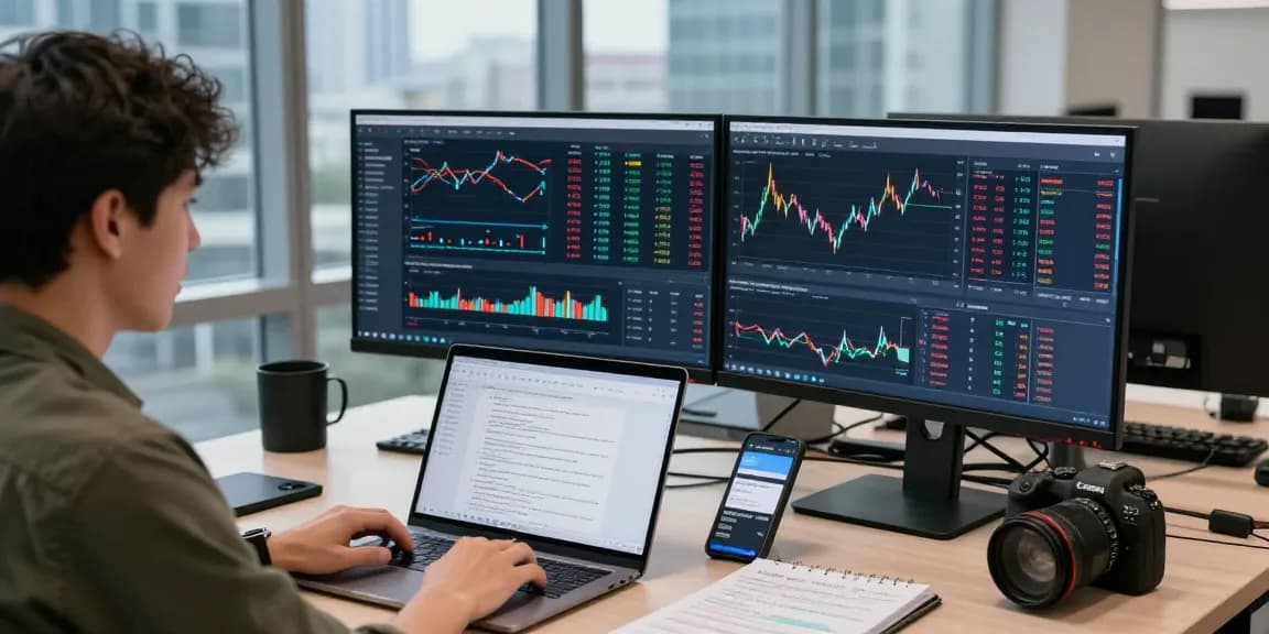 Real-time forex API in action with a developer using a multi-currency pair API to analyze exchange rates in a modern office.