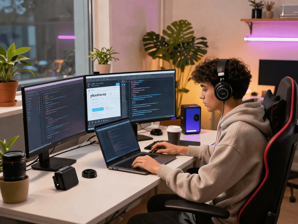 Developer coding with pikashow apk on multiple screens in a vibrant workspace.