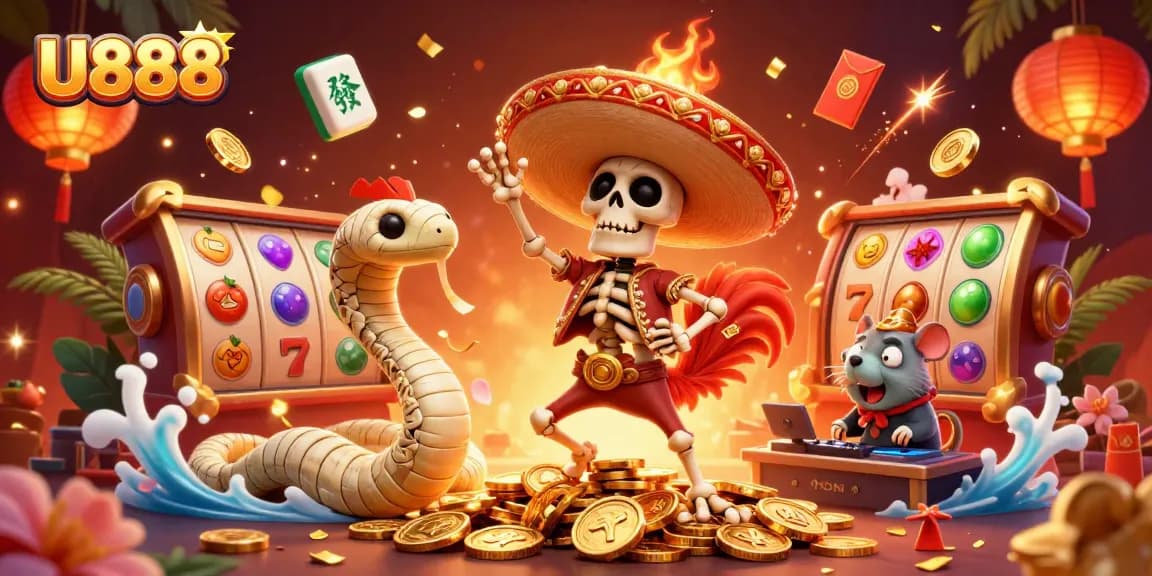 Engage with the vibrant U888 casino scene featuring a dancing skeleton rooster and exciting gaming symbols