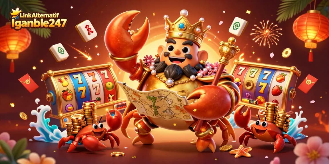 Link Alternatif Igamble247 showcases a golden crab emperor amidst casino symbols, celebrating big wins.
