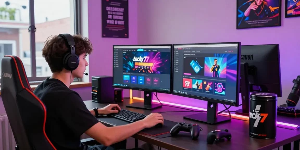 Engaging digital marketing workspace showcasing lucky77 gaming elements with vibrant atmosphere.