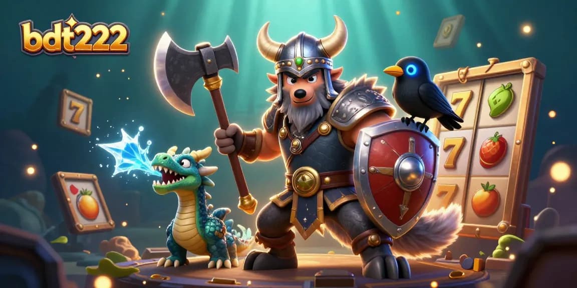 Experience thrilling action with bdt222 in a vibrant 3D casino illustration featuring heroic characters and slot elements.