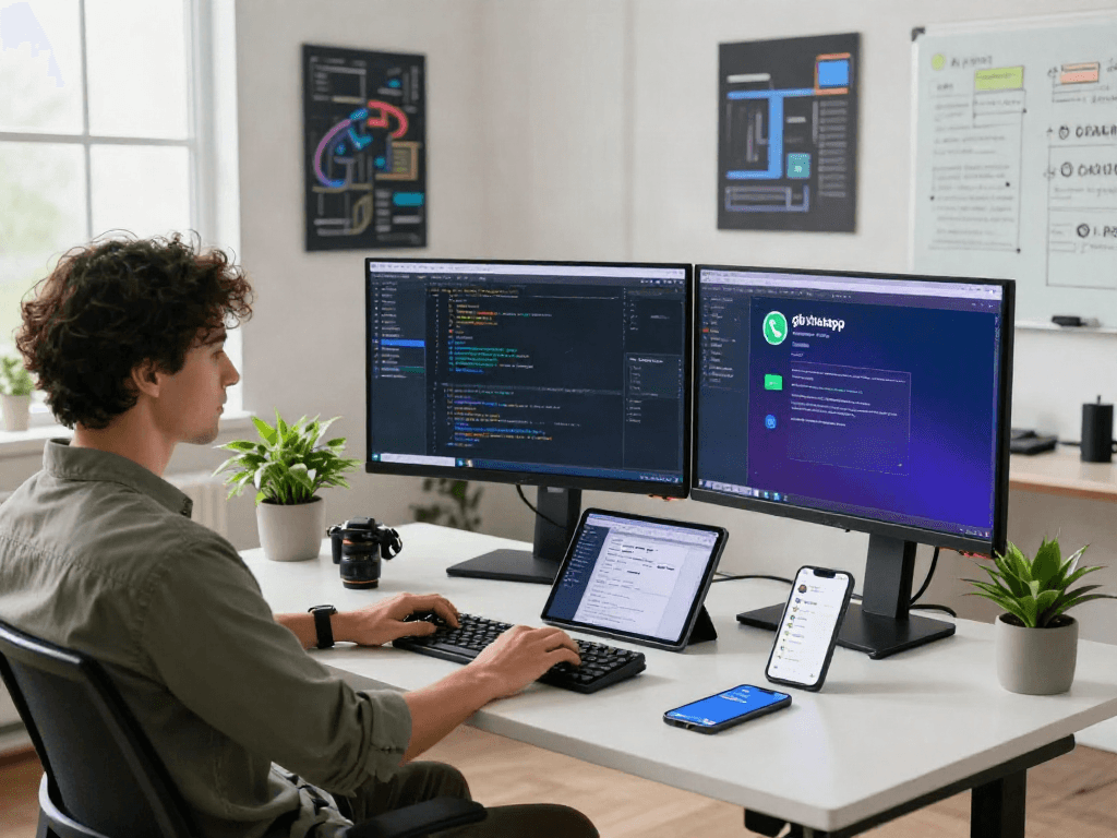 Developer coding gb whatsapp app in a modern office setting with multiple screens and vibrant colors.