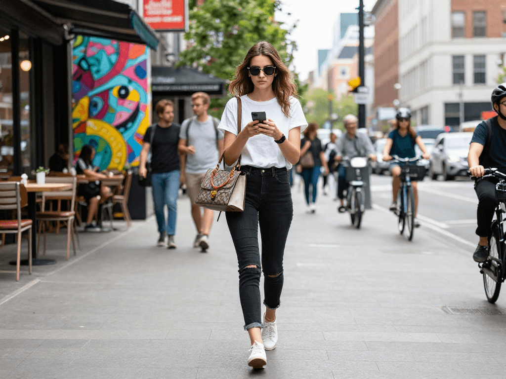 Hình ảnh gái gọi thời thượng đang đi dạo trên phố với outfit hiện đại và tự tin.