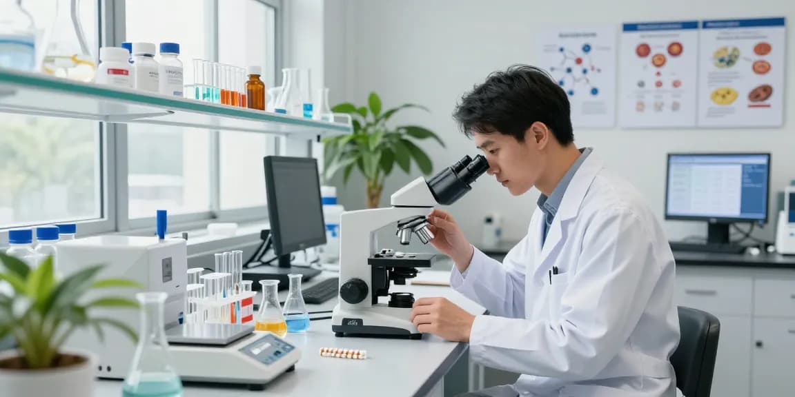BPC 157 TB 500 Blend buccal strips under scientific analysis in a modern laboratory.