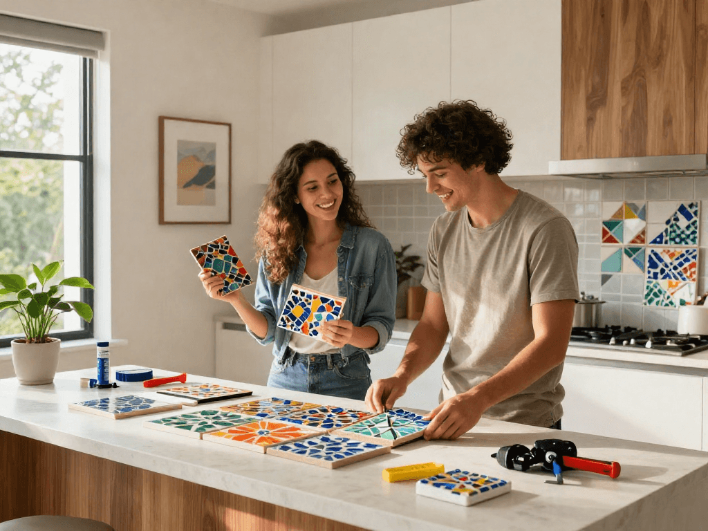 Mosaic tiles Sydney displayed by a couple in a modern kitchen, showcasing colorful designs and DIY spirit.