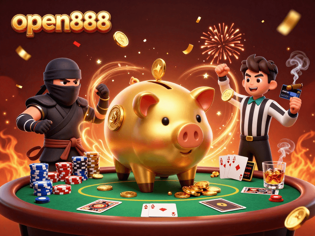 Join the excitement at open888 with a golden piggy bank sumo wrestler in a lively poker scene.