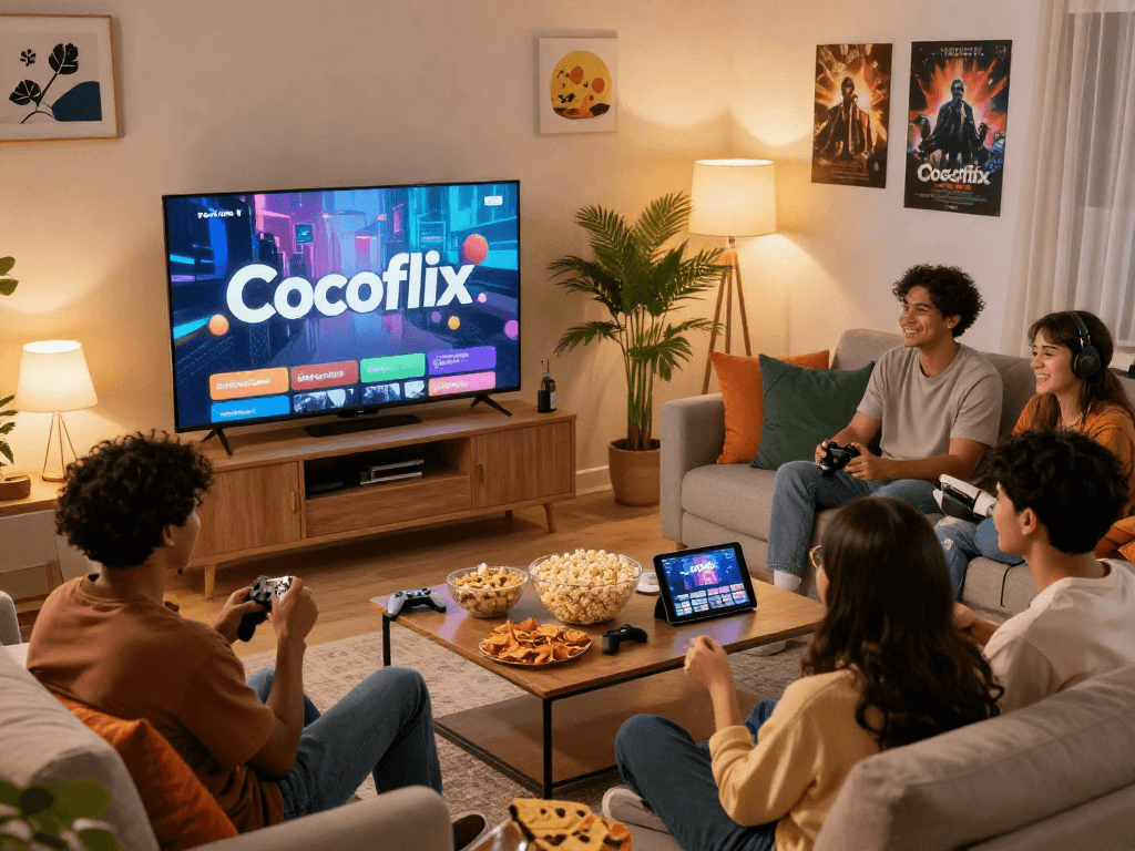 Friends enjoying a movie night with Cocoflix on a big screen and snacks in a cozy living room.