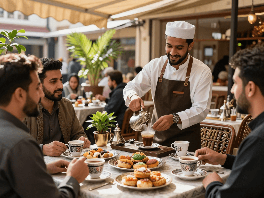 قهوجيين يتناولون القهوة في مقهى جميل مع أجواء دافئة