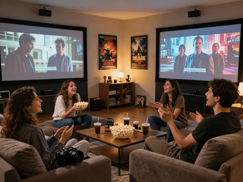 Friends enjoying a movie night while discussing filmyzilla films, with popcorn and drinks in a cozy home theater.