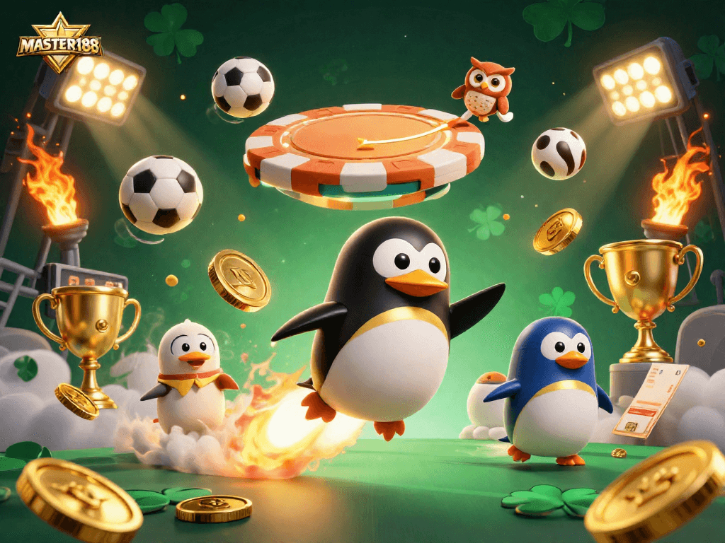 Engage with MASTER188's thrilling universe through a dynamic 3D casino adventure illustration.