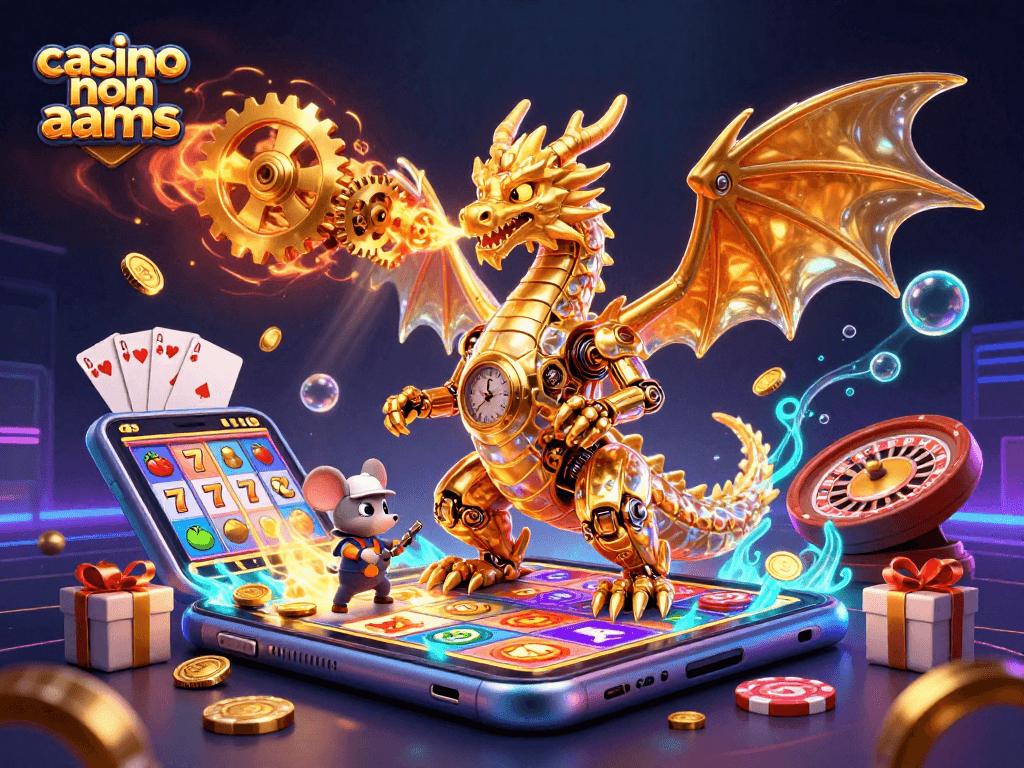 Immagine di un drago dorato meccanico con giochi d'azzardo nel tema casino non aams.