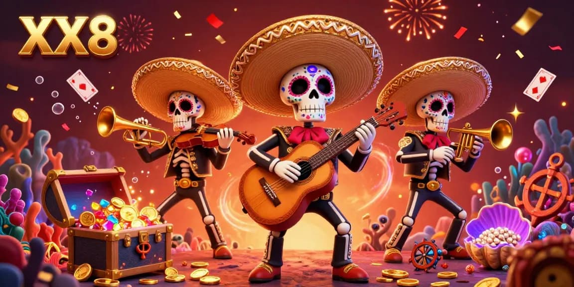 Win big with XX8 in a vibrant scene featuring a mariachi band surrounded by treasure and playing cards.