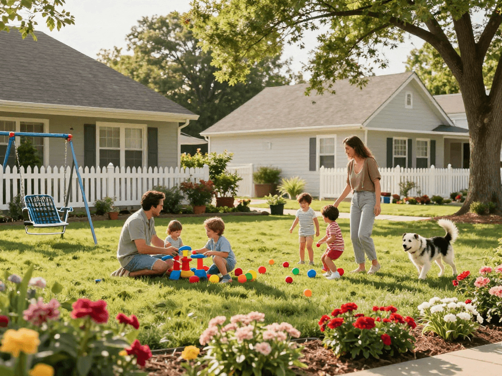 Parents watching children play in a suburban neighborhood, showcasing the best states to raise a family 2026.