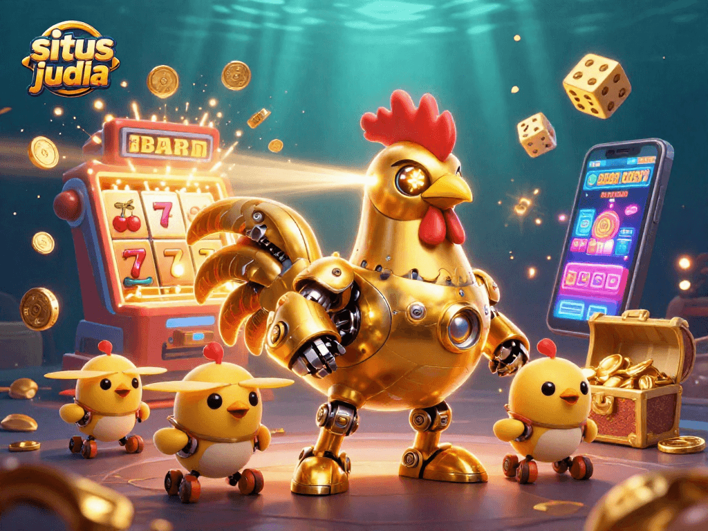 Engage with the fun situs judi bola scene featuring golden rooster robot and baby chick drones, surrounded by exciting casino elements.