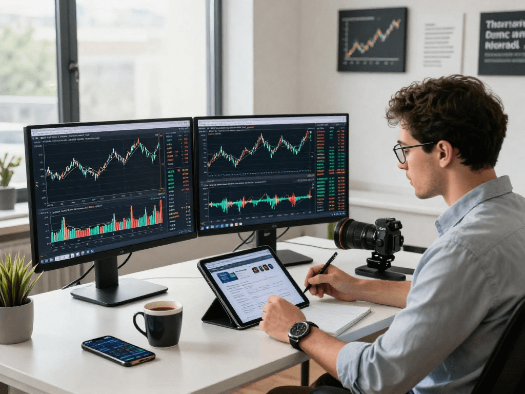 交易员在TradingView行情分析平台上实时分析多资产市场数据，现代化办公室环境