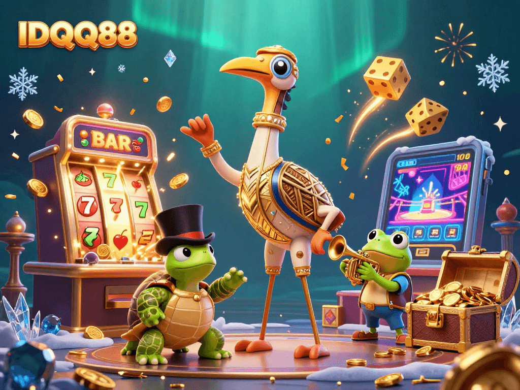 Play thrilling slots at IDQQ88 with vibrant characters and exciting rewards dynamically surrounding the scene.