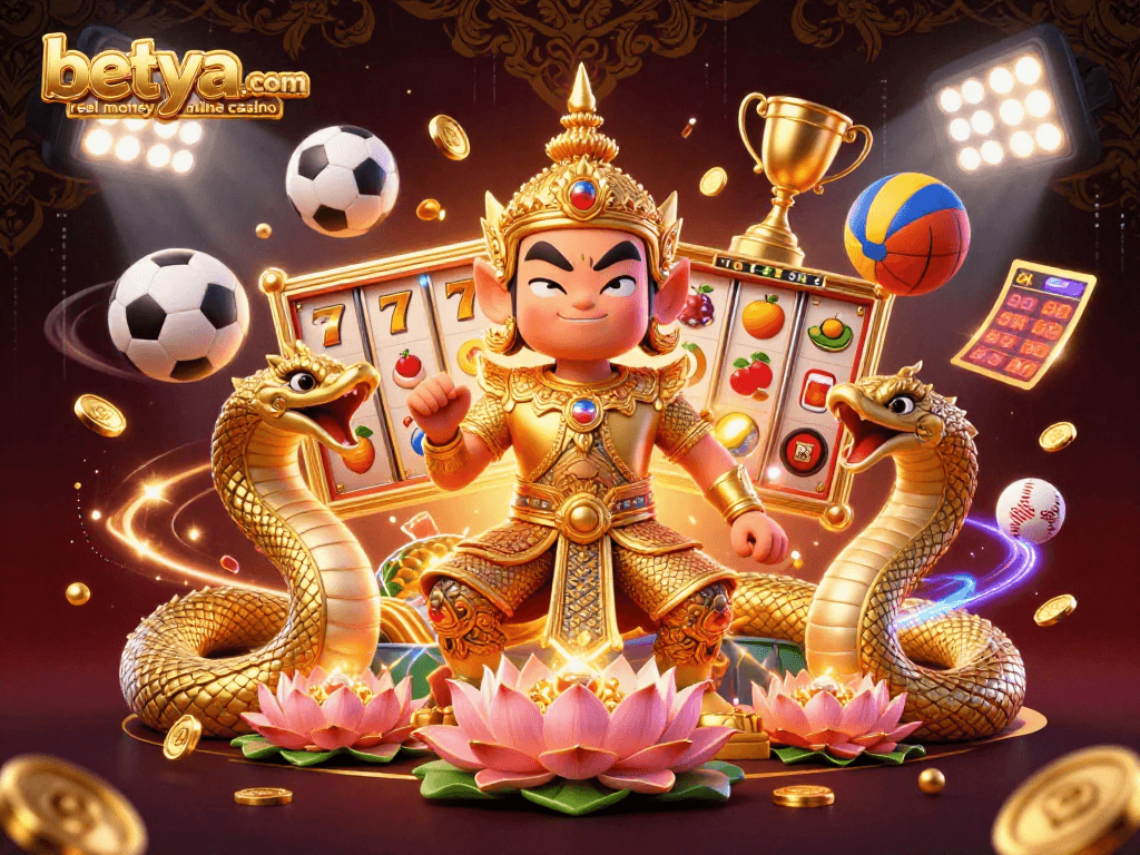 Play slots and win at betya.com real money online casino with vibrant 3D illustration of treasures and excitement.