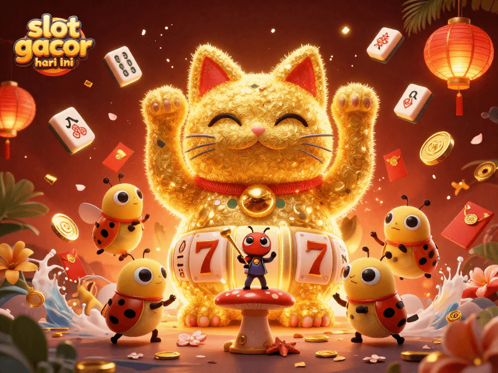Engage with slot gacor hari ini in a vibrant 3D illustration showcasing a lively casino atmosphere with symbols of luck and excitement.