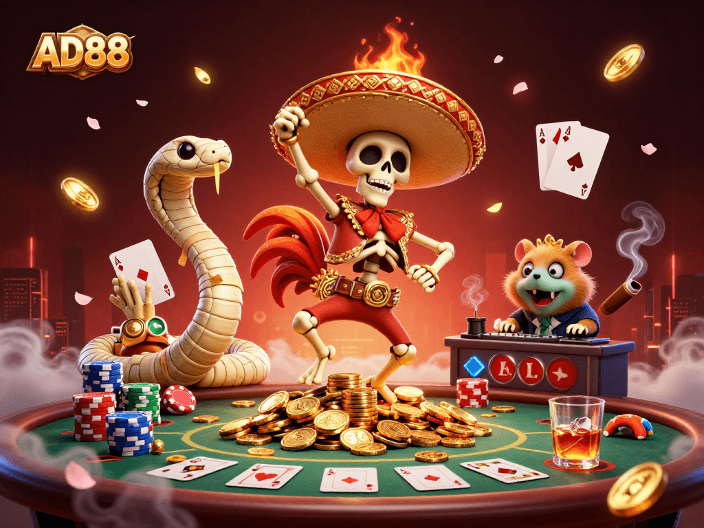AD88 celebrates with a festive scene of vibrant casino characters amidst poker chips and cards.