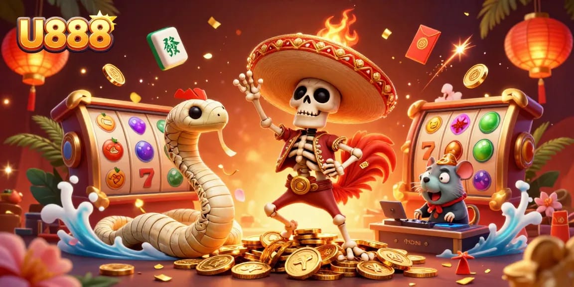 Engage with the vibrant U888 casino scene featuring a dancing skeleton rooster and exciting gaming symbols