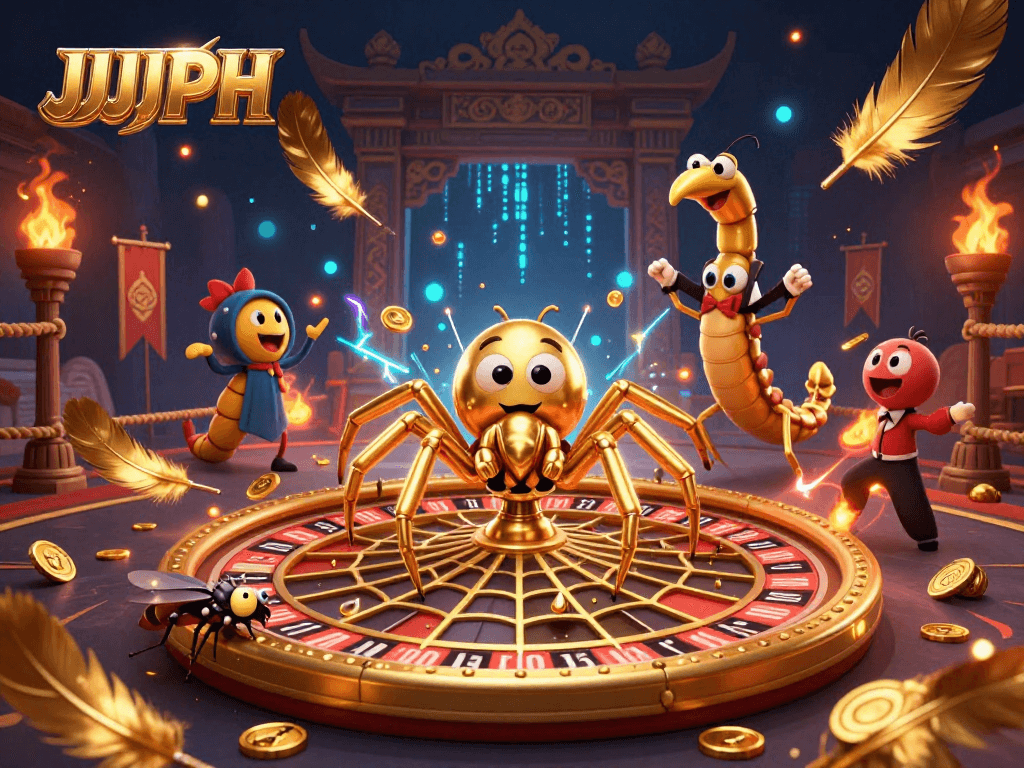 Experience the thrill of betting with JJJPH, featuring dynamic characters in a vibrant casino scene.
