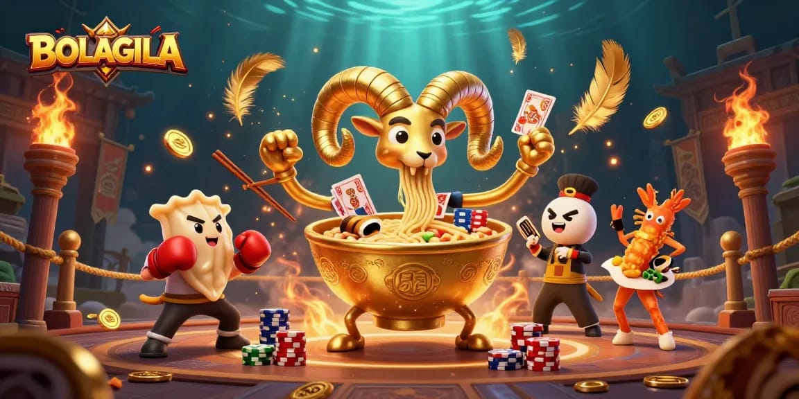BOLAGILA offers an electrifying casino scene with a golden ramen bowl dealer and dynamic characters.