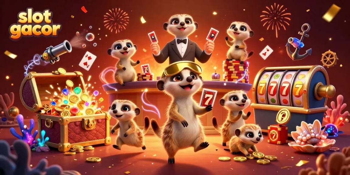 Gambarlah suasana seru slot gacor di kasino dengan meerkat yang memimpin.