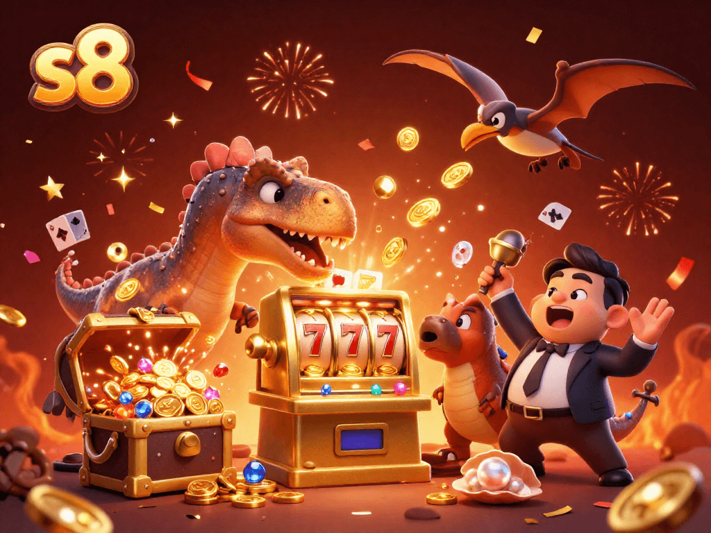 S8's exciting slot machine scene with a daring dinosaur and a flurry of golden coins and playful elements.