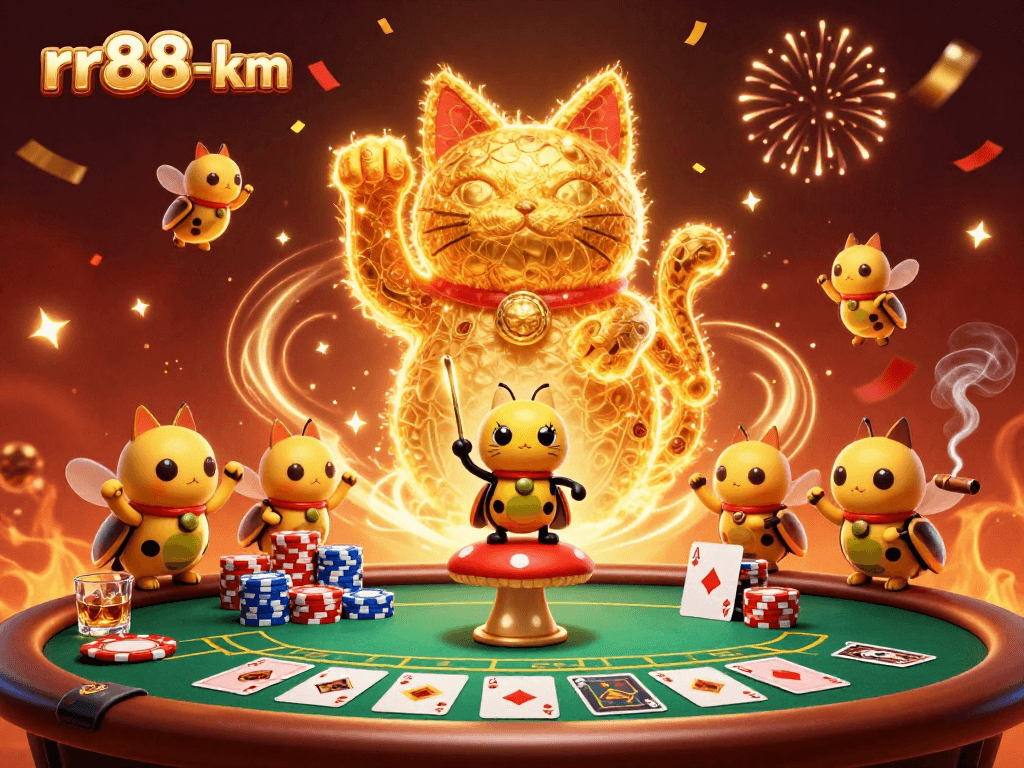 Experience thrilling gaming with rr88-km in an ultra-detailed illustration of a lucky cat made of fireflies and casino symbols.