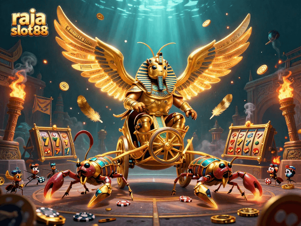 Engage with raja slot88 featuring a colossal golden scarab and scorpions amidst slot reels and gold tokens.