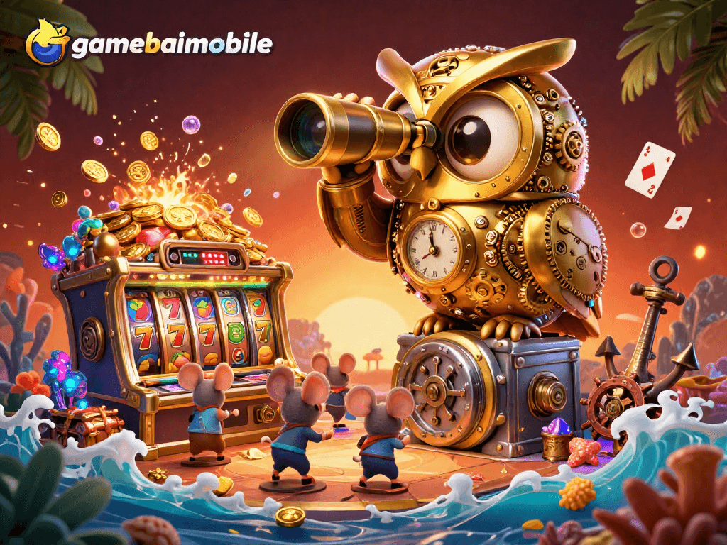 Engage with gamebaimobile through this vibrant 3D casino scene featuring themed slots and playful characters.