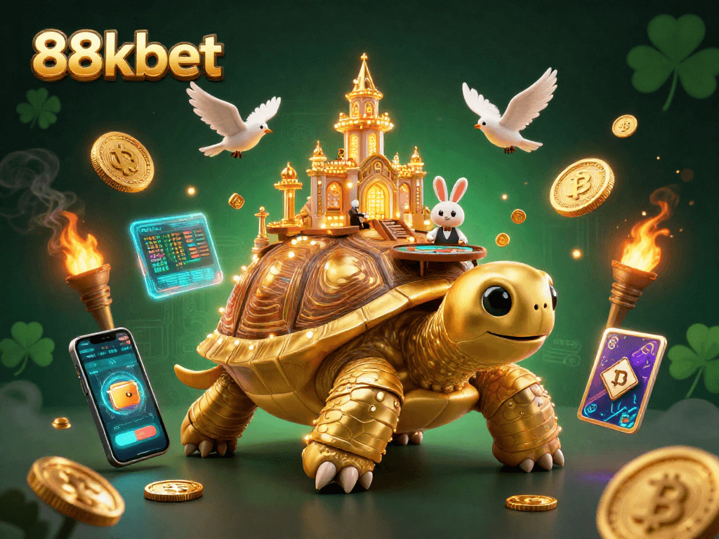 88kbet offers thrilling gaming with a golden tortoise casino scene featuring vibrant characters.