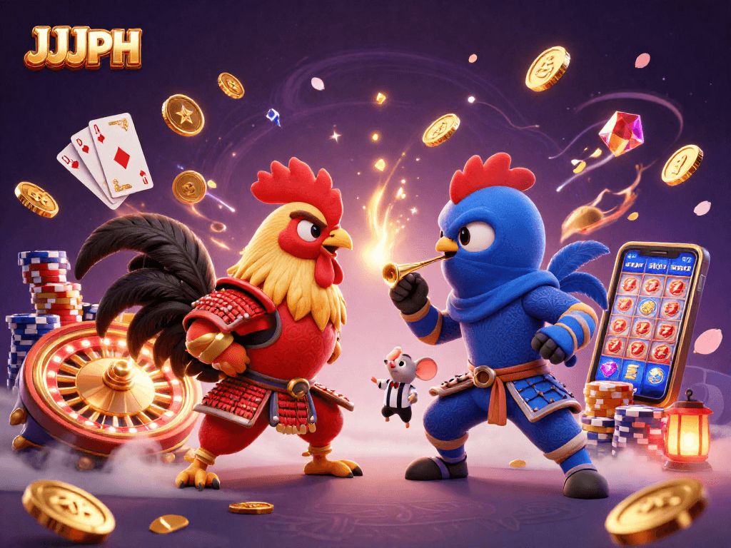 Engage in thrilling action at JJJPH with fighting roosters amidst casino excitement.