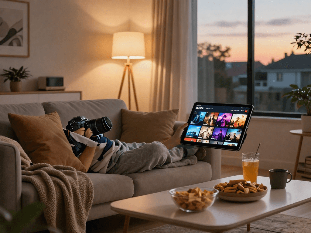 Enjoying cocoflix streaming movies in a cozy living room.