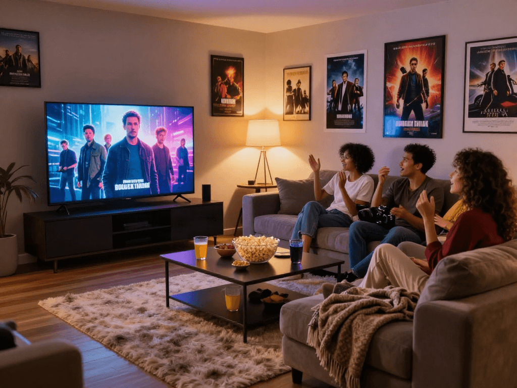 Exciting moviebox streaming scene with friends enjoying films, popcorn, and cozy atmosphere.
