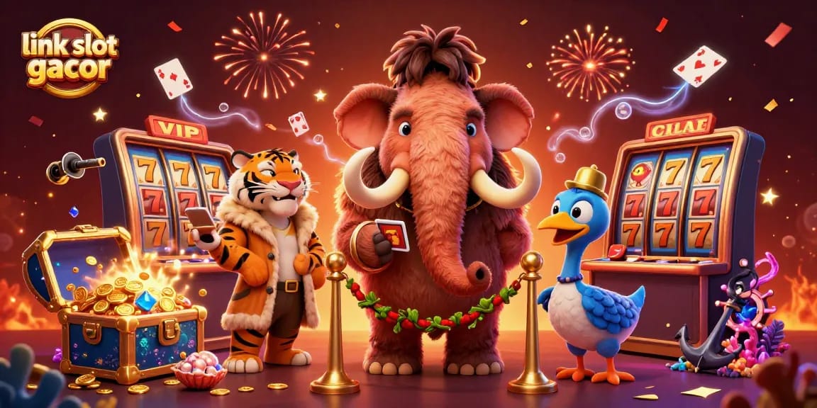 Link slot gacor menampilkan bouncer mammoth 3D dan tamu VIP dalam suasana kasino yang meriah.