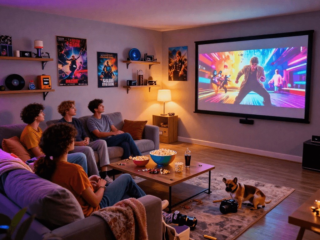 Enjoying Moviebox with friends in cozy home theater setup featuring popcorn and posters.