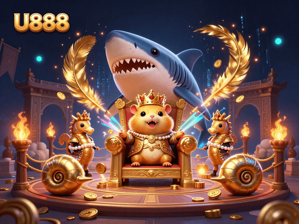 Experience U888 with a fierce golden hamster king in a 3D casino battle atmosphere.
