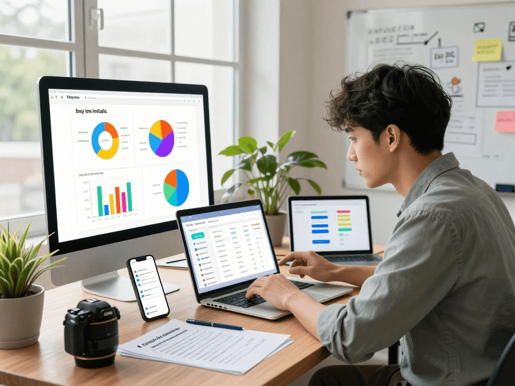 Professional examining analytics for buy ios installs with colorful app statistics and keyword strategies in a vibrant workspace.