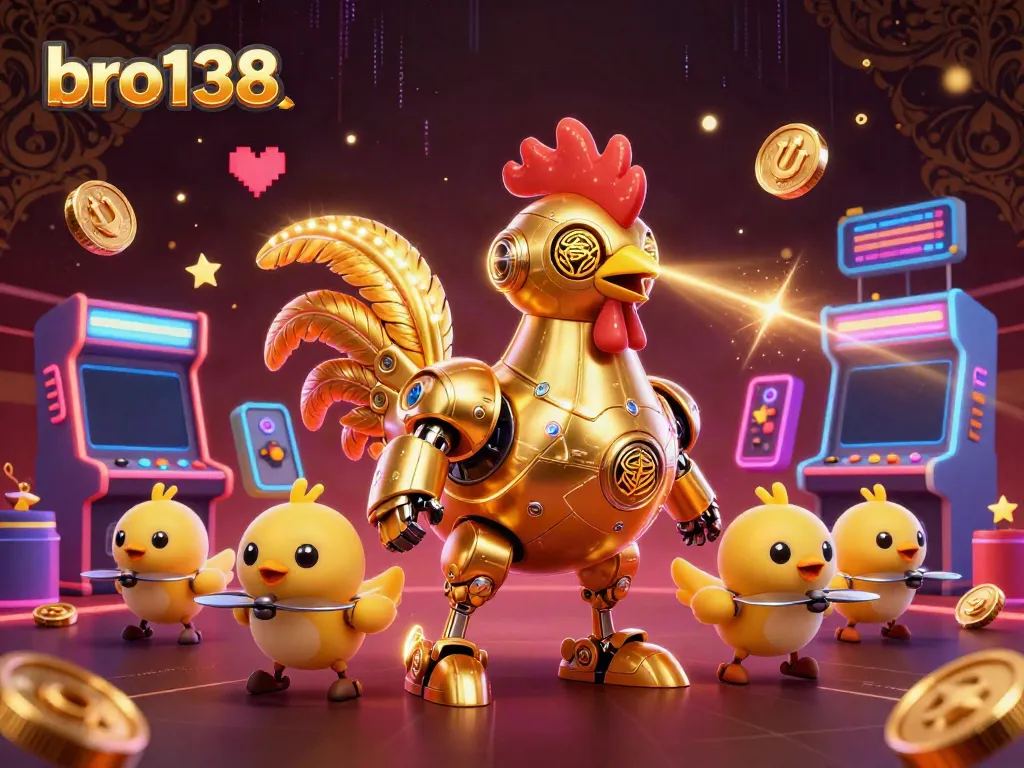 Experience thrilling gameplay at bro138 with golden rooster robot and arcade machines.