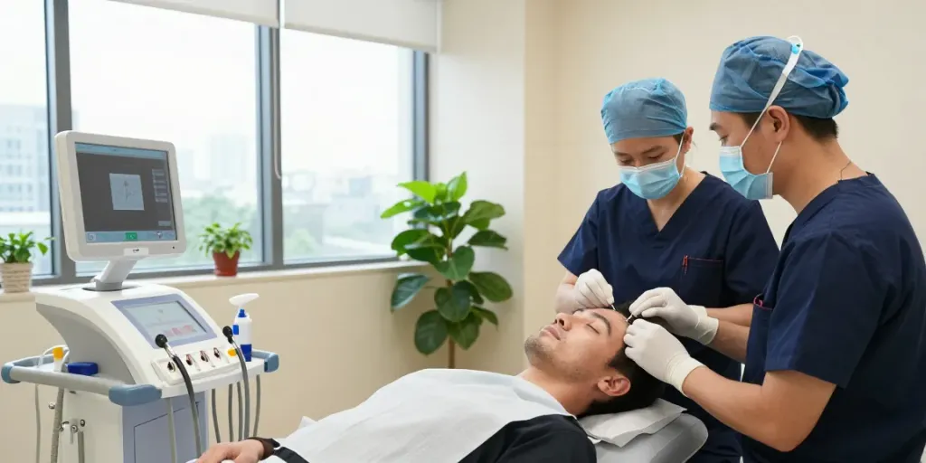 Hair Transplant Malaysia showcases advanced SMART™ FUE technique with skilled professionals during a procedure.