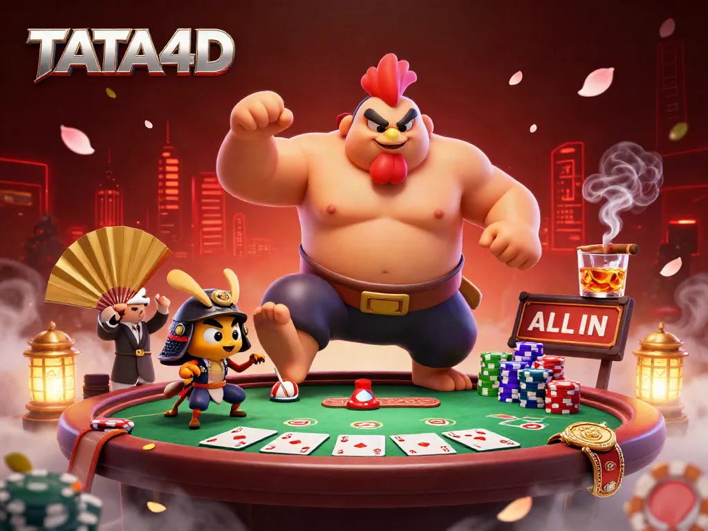 TATA4D engages players with an energetic casino scene featuring a powerful sumo wrestler rooster and fierce samurai cricket.